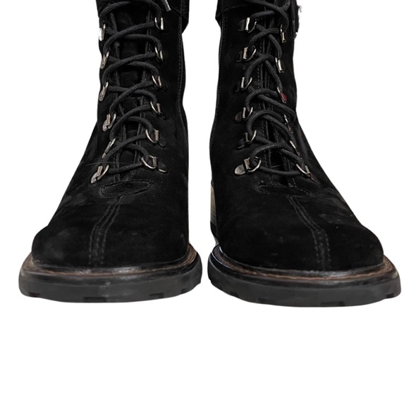 Aquatalia black suede, Lace Up, lug sole booties Moto Combat bouclé lined - Picture 7 of 12